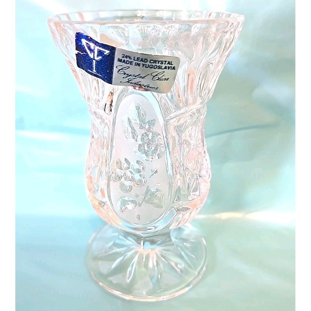 Vtg Crystal Clear Industries Candlestick Holder Yugoslavia 24% Lead Glass Flower